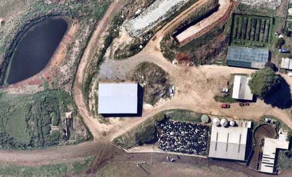 Birds eye view of the rotary dairy and multi-stage effluent system on the home farm of Robin Hill.