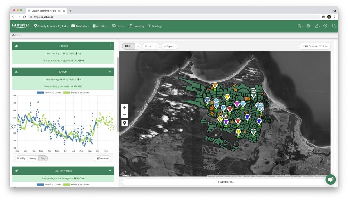 Pasture.io Farm Dashboard showing herd movements on the map