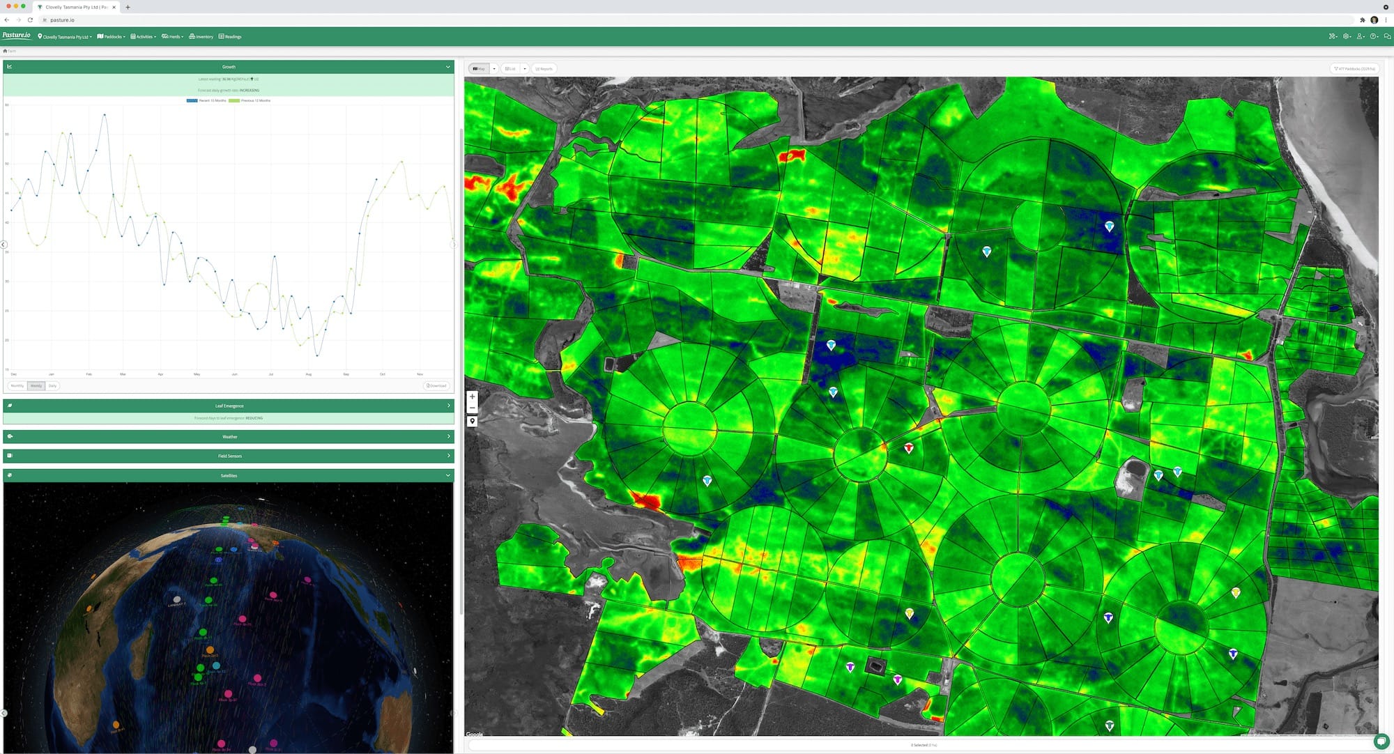 Pasture.io Farm Dashboard showing satellite images on the map as well as pasture growth rates