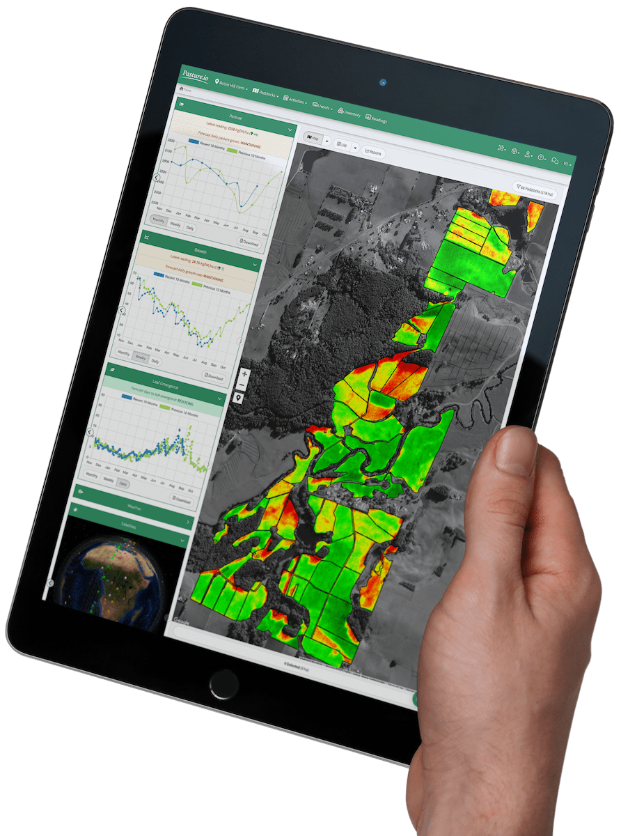 The Pasture.io grazing app viewed on a tablet with satellite image