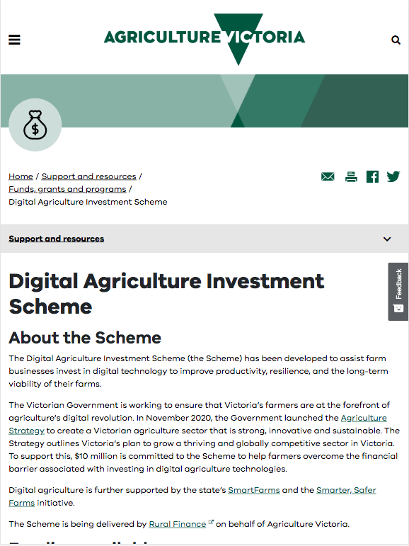 Agriculture Victoria - Digital Agriculture Investment Scheme web page