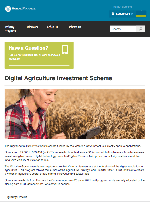 Rural Finance - Digital Agriculture Investment Scheme (Victoria) web page