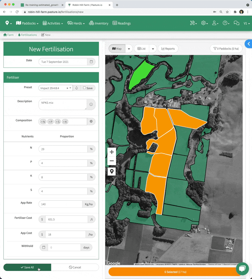 Pasture.io farm map showing a new fertiliser application being created