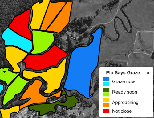 Pasture.io Pio Says Graze map overlay showing paddocks coloured by grazing priority