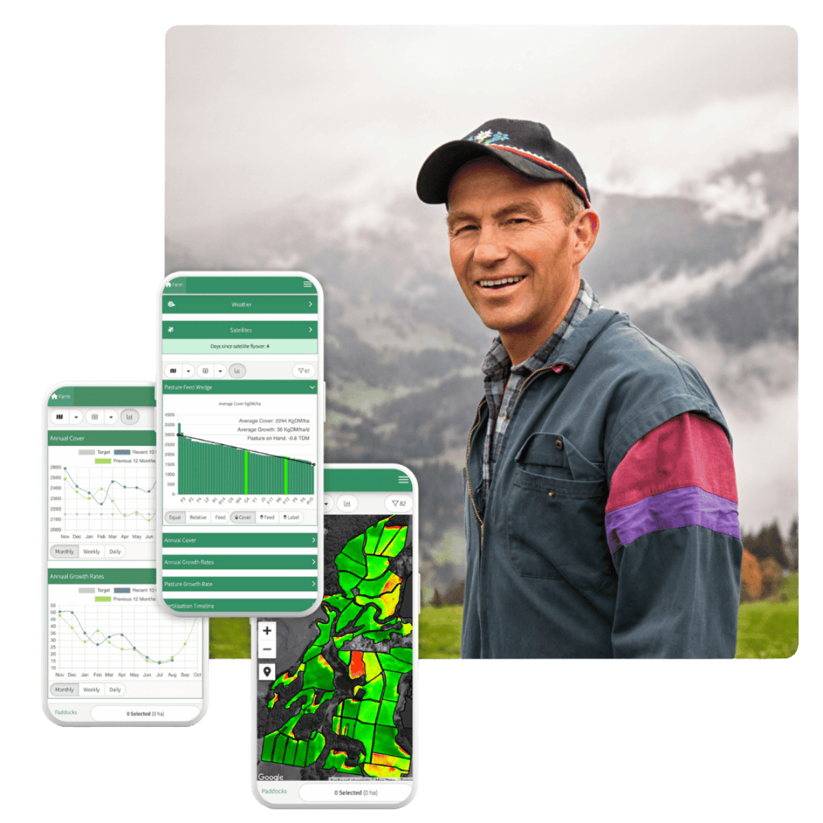 Pasture.io phone screenshots showing pasture and farm views