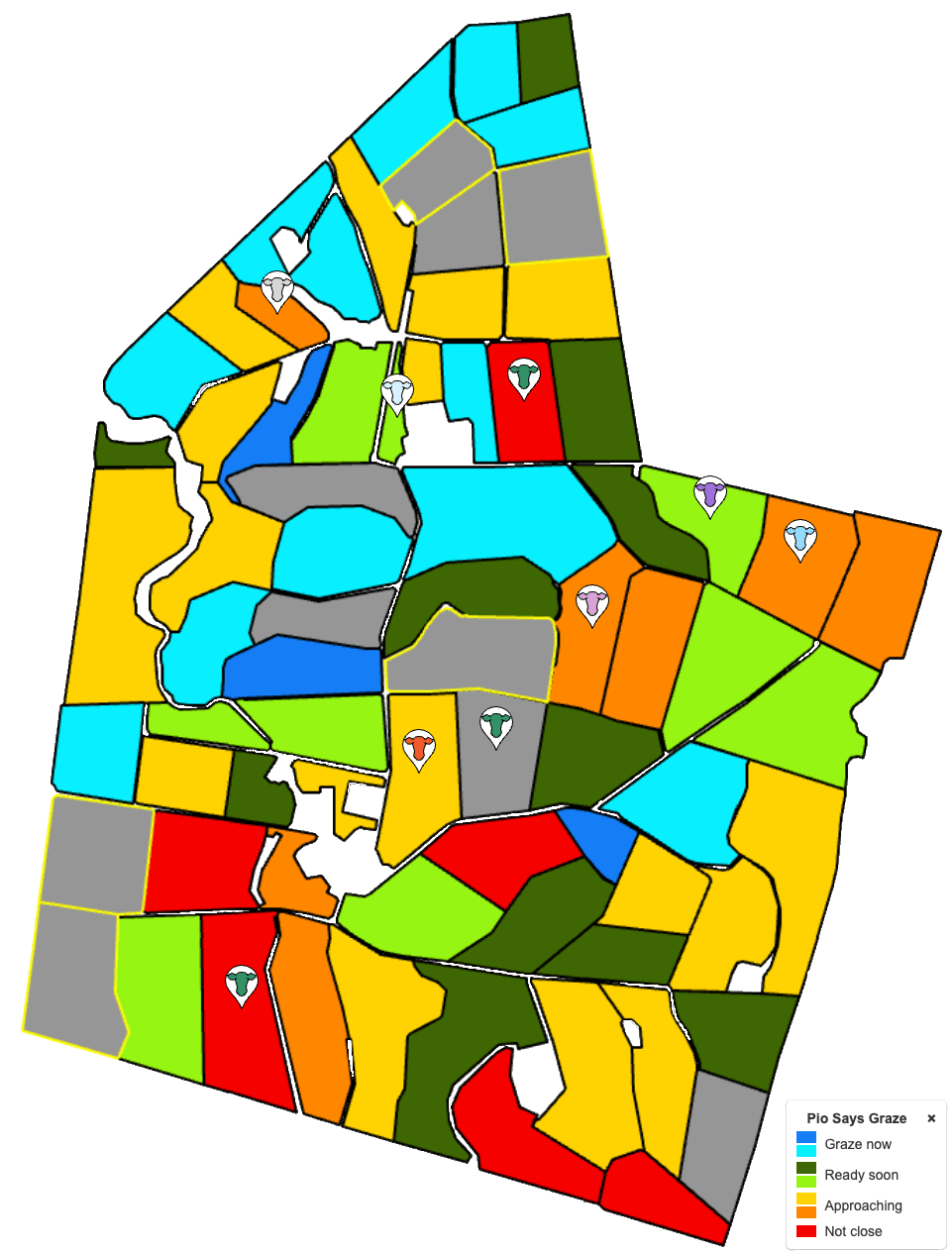 Pasture.io farm map showing Amanda Benson's herd locations and graze guidance