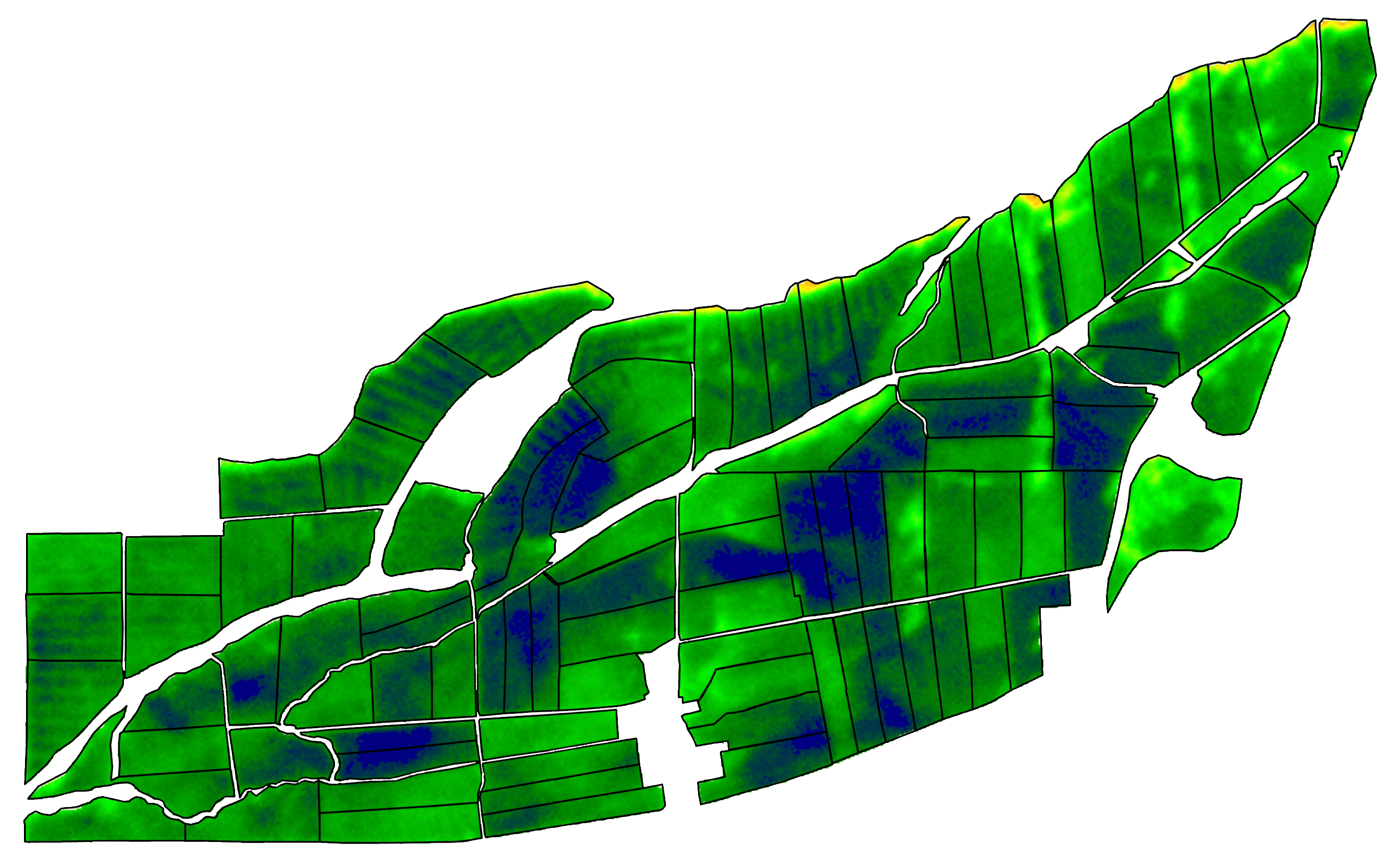 EVI satellite index map of the Yates family dairy farm in Karamea, New Zealand